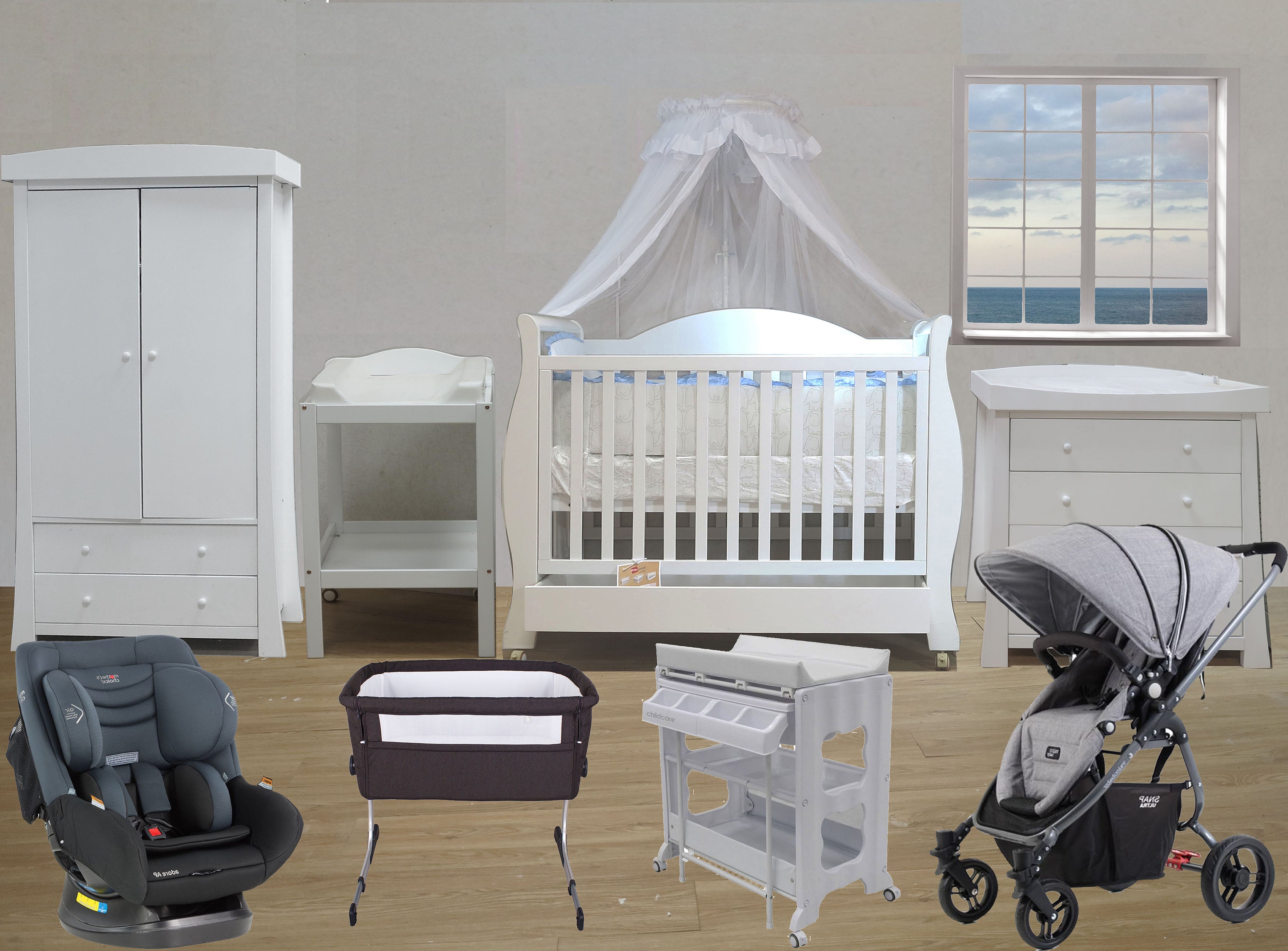 Babyworth Royal Sleigh Cot Car Seat Pram Change Table Chest Robe Deal