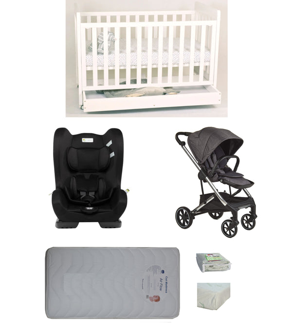 Babyworth Pioneer Cot  With Drawer, Mattress, Infasecure Serene Car Seat and Luxi Pram Package - Babyworth