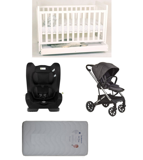 Babyworth Pioneer Cot  With Drawer, Mattress, Infasecure Serene Car Seat and Luxi Pram Package - Babyworth