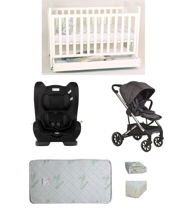 Babyworth Pioneer Cot  With Drawer, Mattress, Infasecure Serene Car Seat and Luxi Pram Package - Babyworth