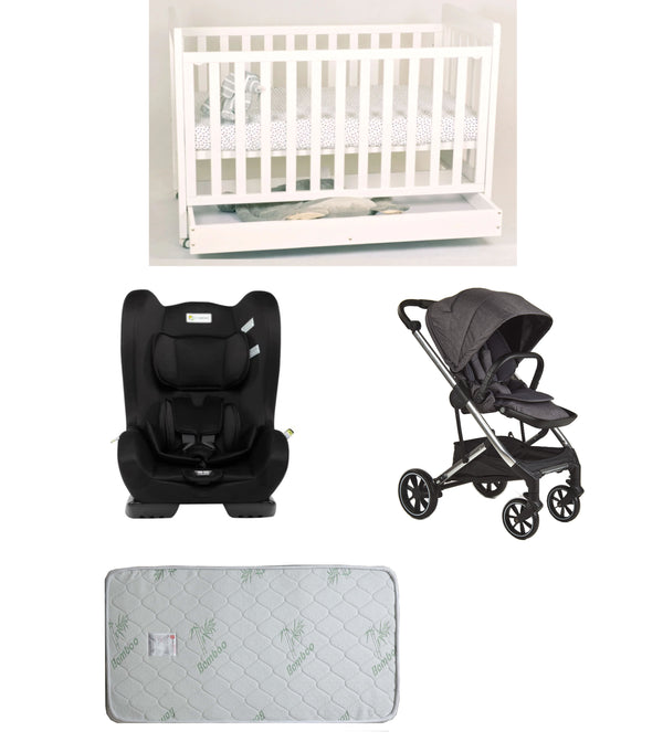 Babyworth Pioneer Cot  With Drawer, Mattress, Infasecure Serene Car Seat and Luxi Pram Package - Babyworth