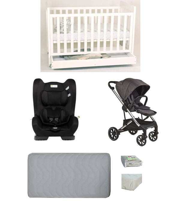 Babyworth Pioneer Cot  With Drawer, Mattress, Infasecure Serene Car Seat and Luxi Pram Package - Babyworth