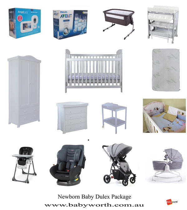Grotime Cot+Mother's Choice Car Seat+Valco Baby Pram+Avent Bottle+Angelcare Monitor+Chicco Highchair+Tiny Love Rocker+Babyworth Cosy Sleeper+Mattress+Change Table+Chest+Robe+Bedding Package - Babyworth