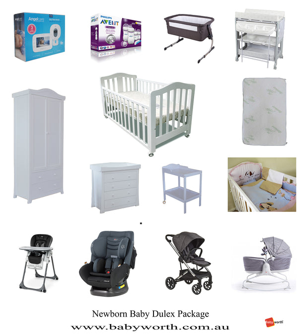 Babyworth Cot+Mother's Choice Car Seat+Luxi Baby Pram+Childcare Bath Centre+Avent Bottle+Angelcare Monitor+Chicco Highchair+Tiny Love Rocker+Babyworth Cosy Sleeper+Mattress+Change Table+Chest+Robe+Bedding Package - Babyworth