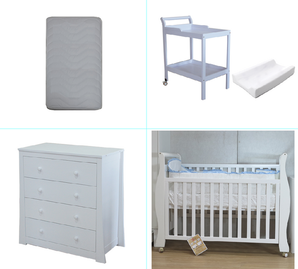 Babyworth Sleigh Cot with Mattress, Chest and Change Table with Pad Package - Babyworth