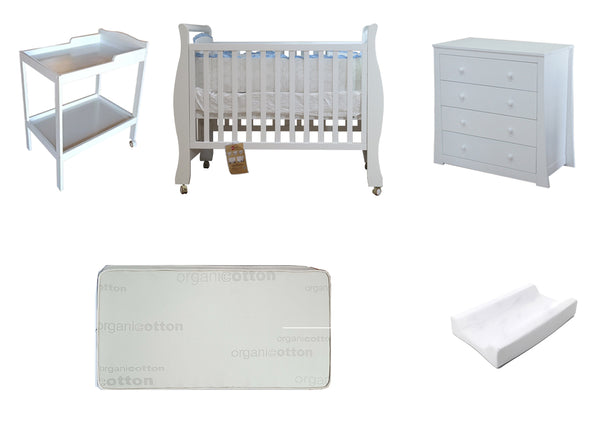 Babyworth Sleigh Cot with Mattress, Chest and Change Table with Pad Package - Babyworth