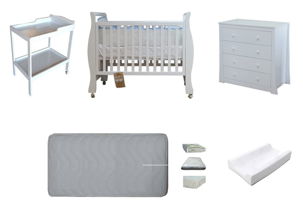 Babyworth Sleigh Cot with Mattress, Chest and Change Table with Pad Package - Babyworth