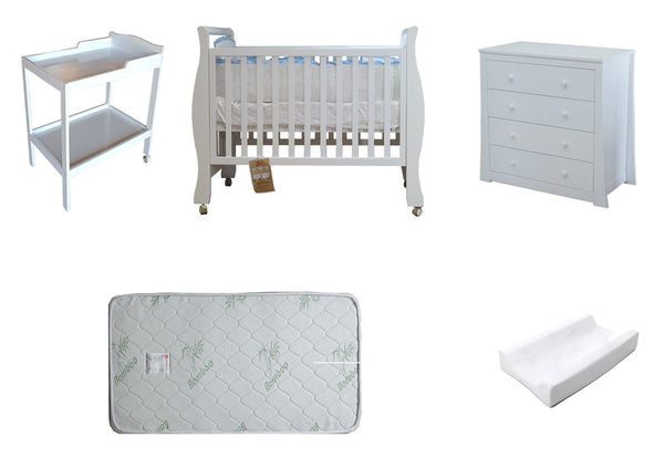 Babyworth Sleigh Cot with Mattress, Chest and Change Table with Pad Package - Babyworth