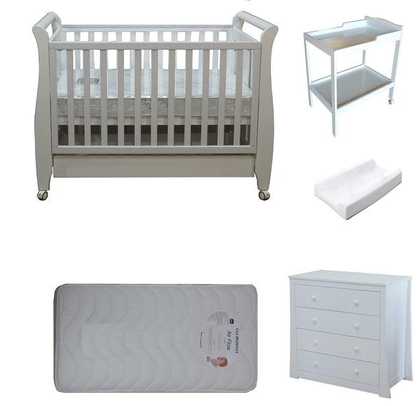 Babyworth Urban Sleigh Cot With Drawer+Chest +Change Table+Optioned With Mattress - Babyworth