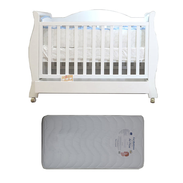 Babyworth Royal Sleigh Cot  with Drawer and Mattress - Babyworth