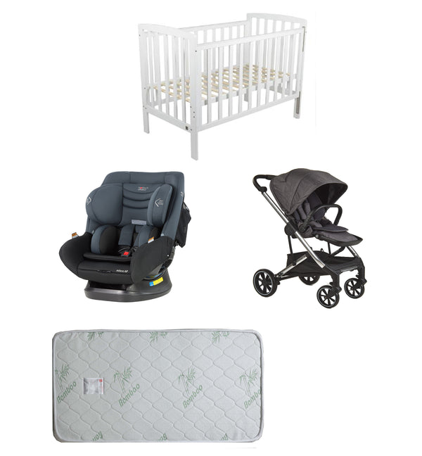 Childcare Bristol Cot +Mattress +Mother's Choice Adore Car Seat+Luxi Pram Newborn Baby Deal - Babyworth