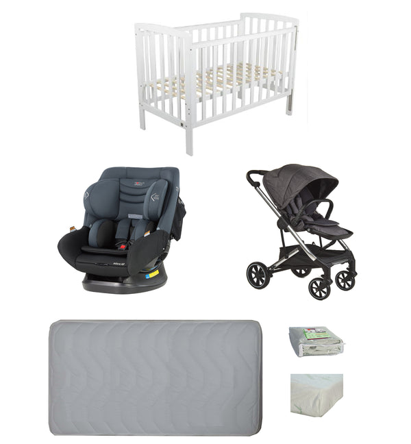 Childcare Bristol Cot +Mattress +Mother's Choice Adore Car Seat+Luxi Pram Newborn Baby Deal - Babyworth