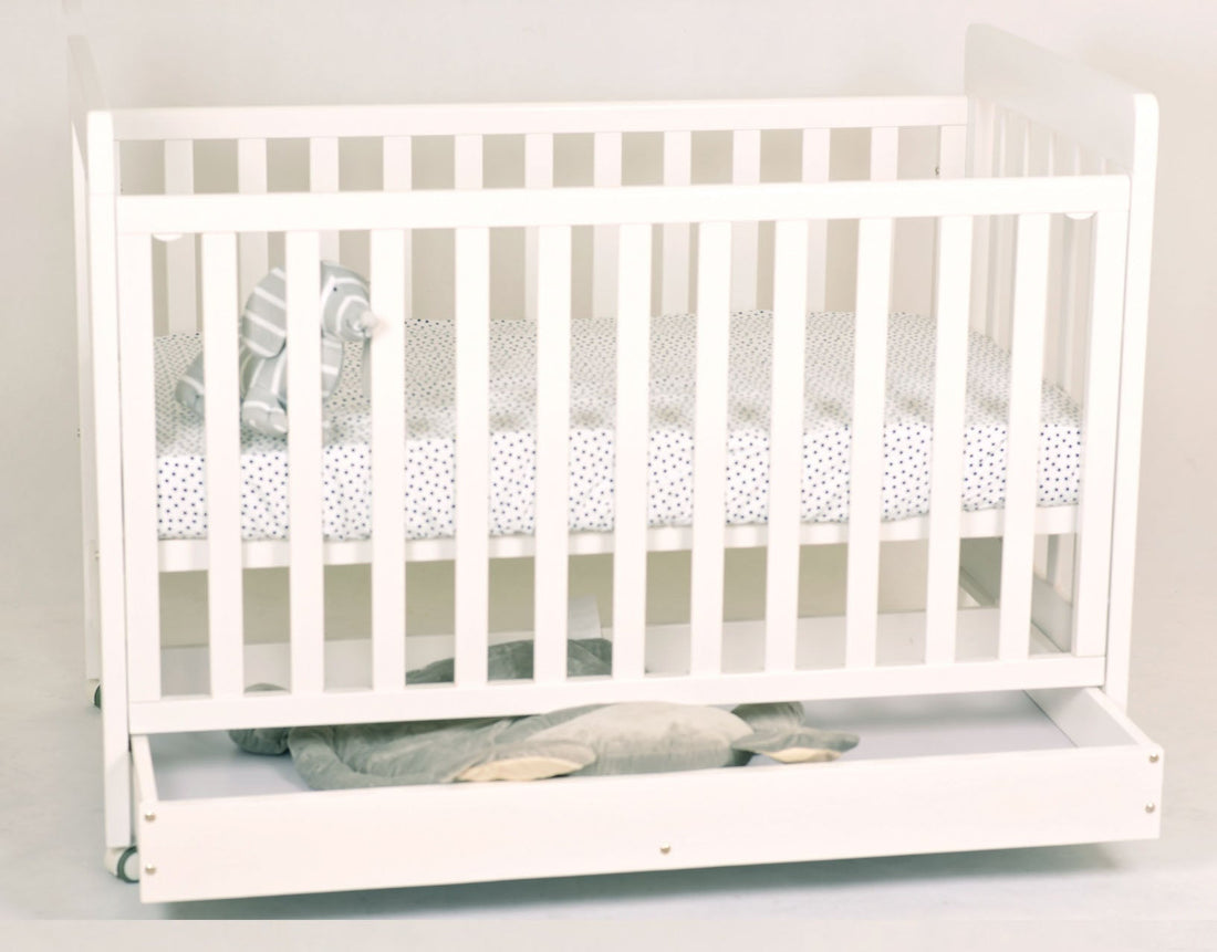 Babyworth timber cot with mattress and storage drawer, meeting Australian safety standard AS/NZS 2172