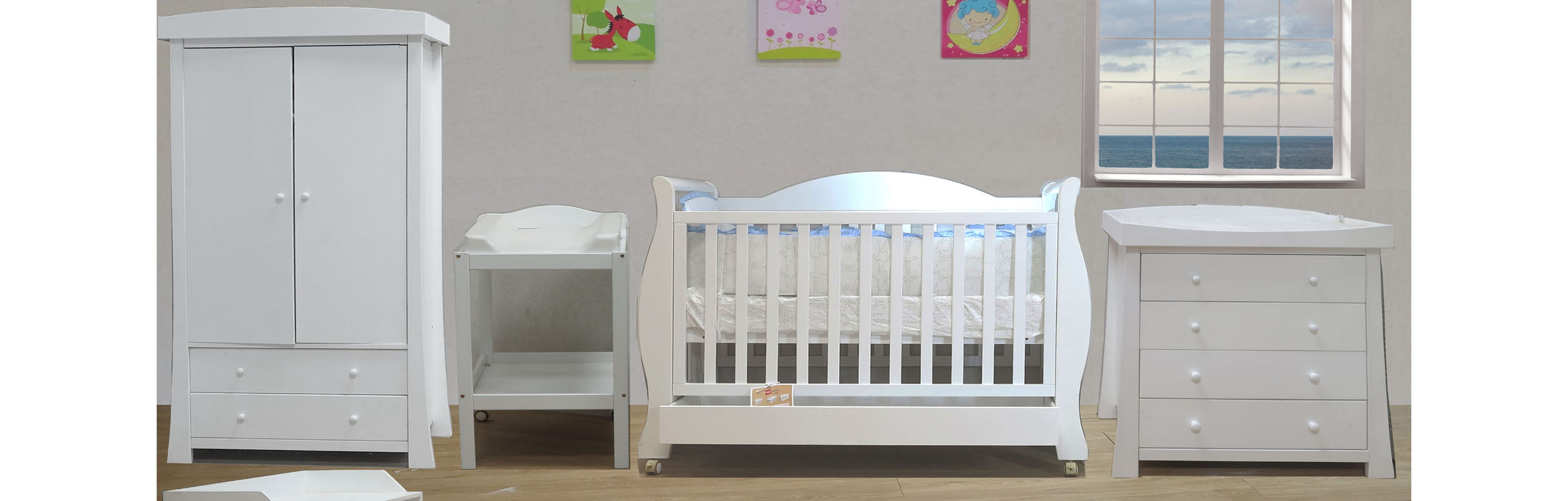 Babyworth Baby Nursery Furniture including sleigh cot with dropside,drawer underneath,wheels.change table with pad,chest of 4 drawers,robe with drawers,bamboo mattress,baby bedding set,wall decor picture deal package at wholesale price match other shops.