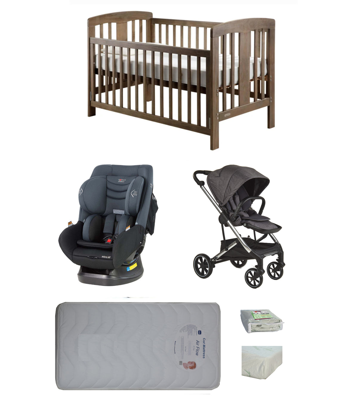 Grotime Pearl Cot  Baby Bed with Mattress, Mother's Choice Adore Car Seat, Babyworth Luxi Pram Package - Babyworth