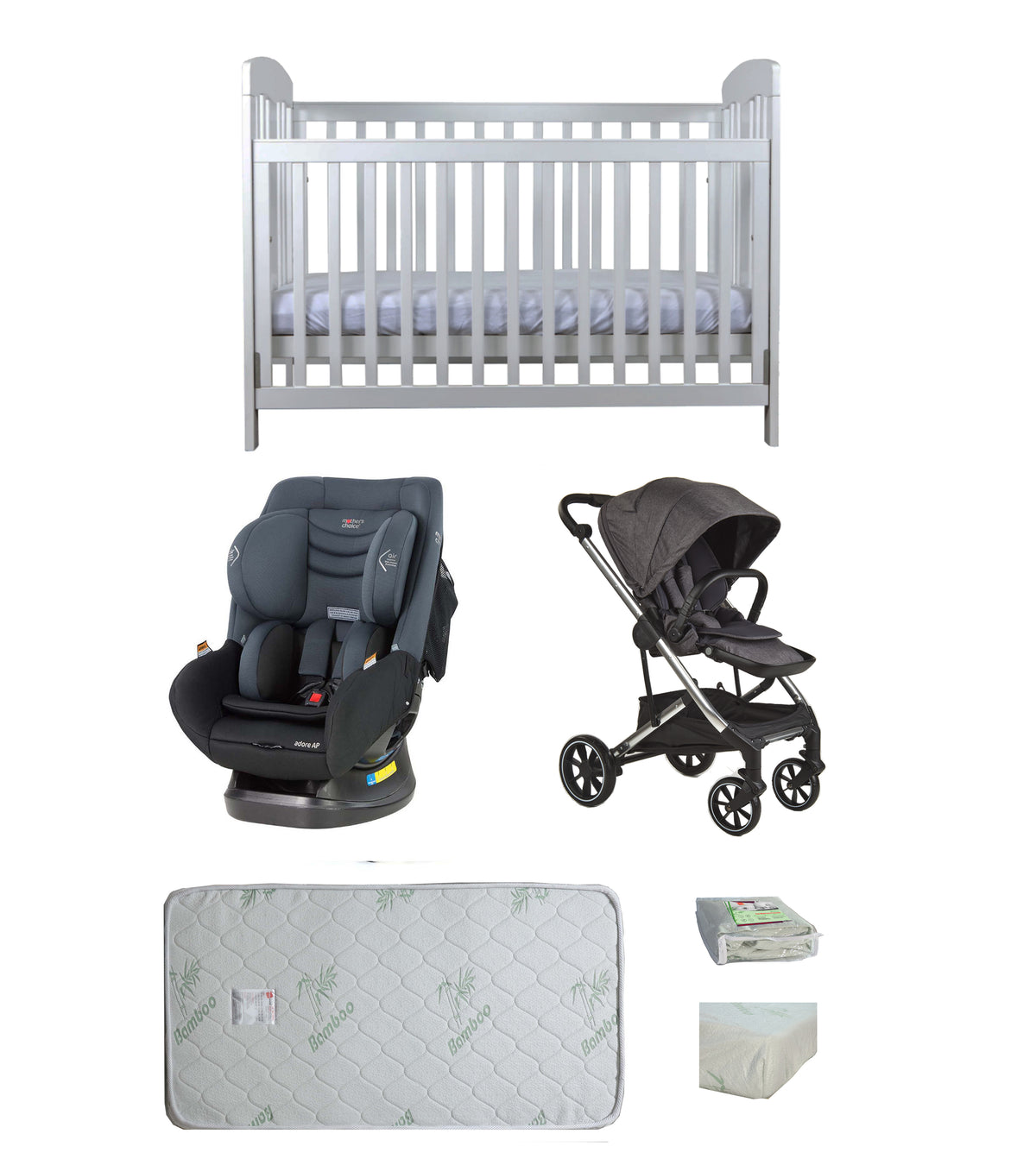 Grotime Pearl Cot  Baby Bed with Mattress, Mother's Choice Adore Car Seat, Babyworth Luxi Pram Package - Babyworth