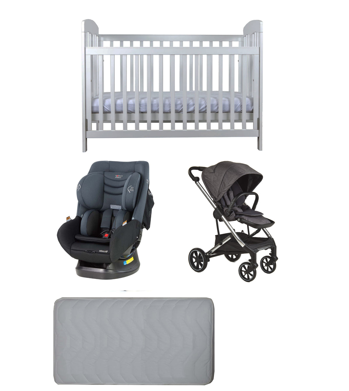Grotime Pearl Cot  Baby Bed with Mattress, Mother's Choice Adore Car Seat, Babyworth Luxi Pram Package - Babyworth