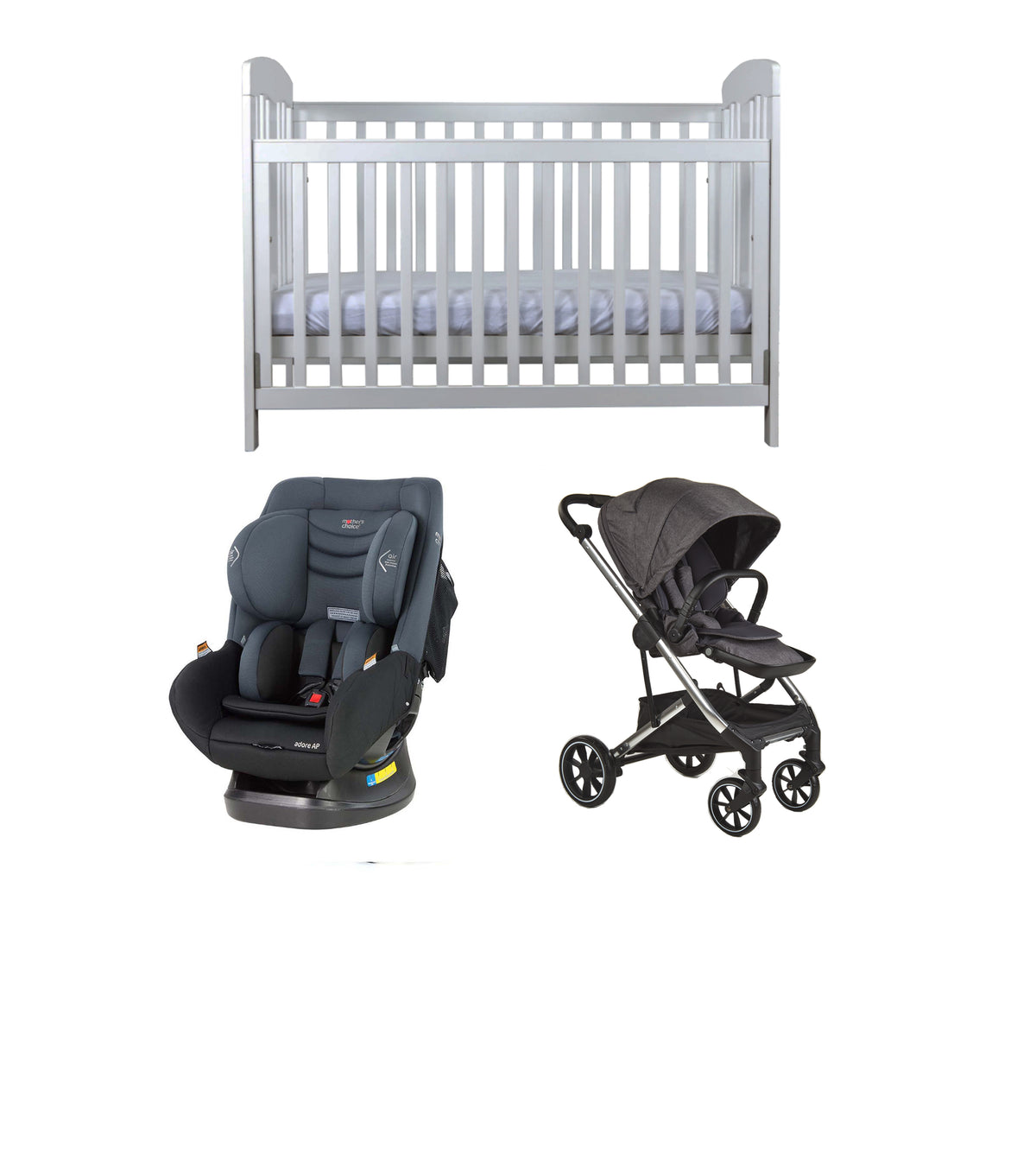 Grotime Pearl Cot  Baby Bed with Mattress, Mother's Choice Adore Car Seat, Babyworth Luxi Pram Package - Babyworth