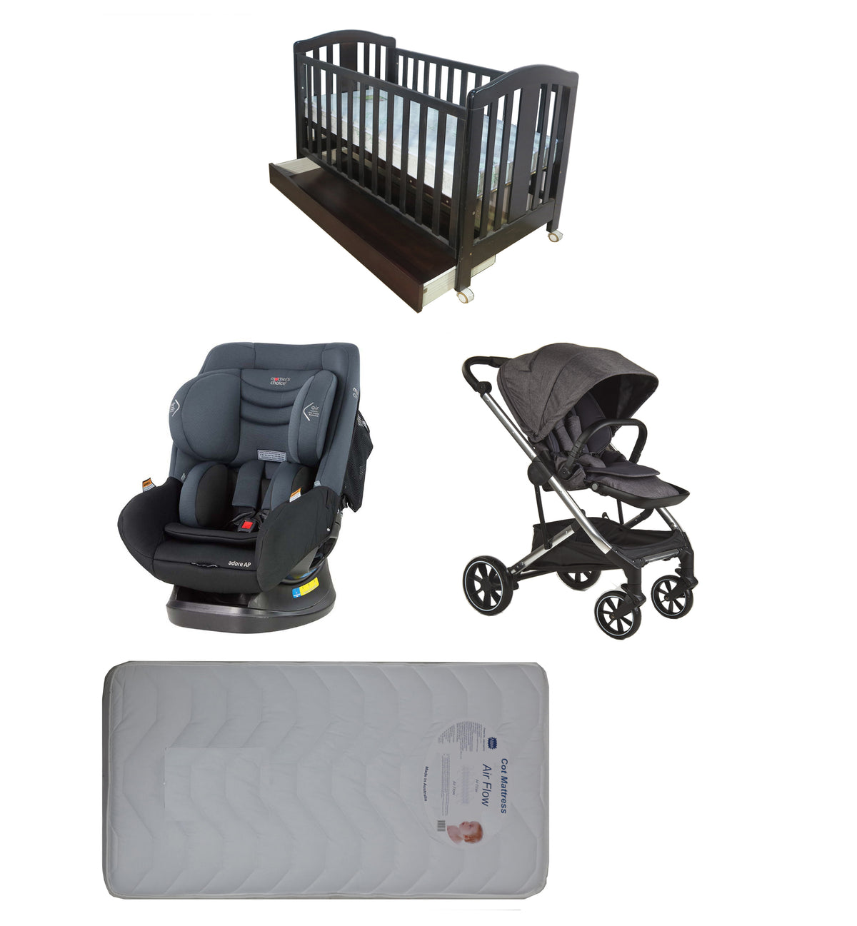 Babyworth Classic Cot With Drawer+Luxi Pram+Mother's Choice Adore Car Seat+Mattress Package - Babyworth