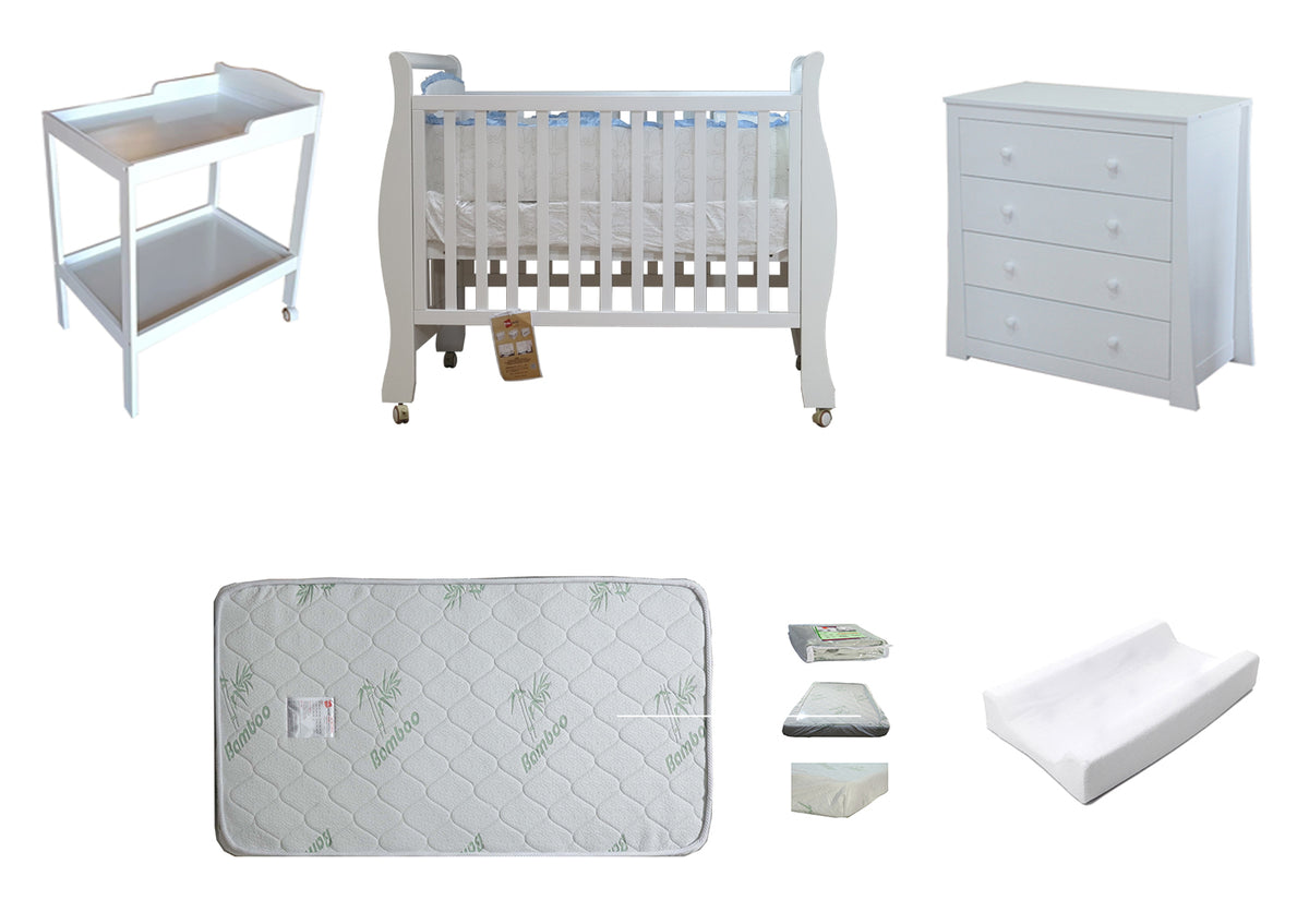 Babyworth Sleigh Cot with Mattress, Chest and Change Table with Pad Package - Babyworth