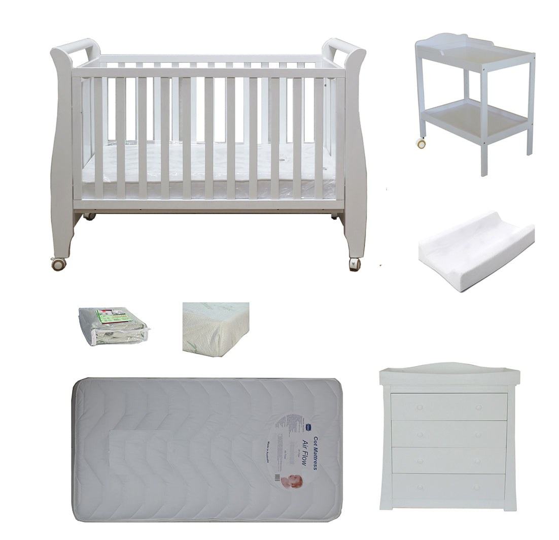 Babyworth Urban Sleigh Cot+Change Table+Chest With Changing Top Option With Mattress - Babyworth