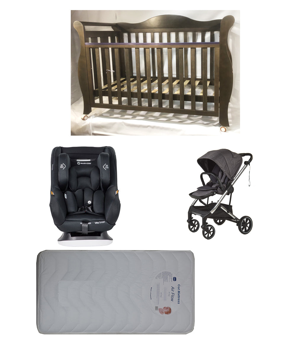 Babyworth Imperial Sleigh Cot With Drawer + Maxi Cosi Vita Car Seat + Luxi Pram Package