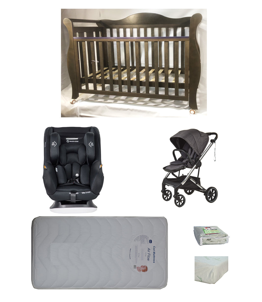 Babyworth Imperial Sleigh Cot With Drawer + Maxi Cosi Vita Car Seat + Luxi Pram Package