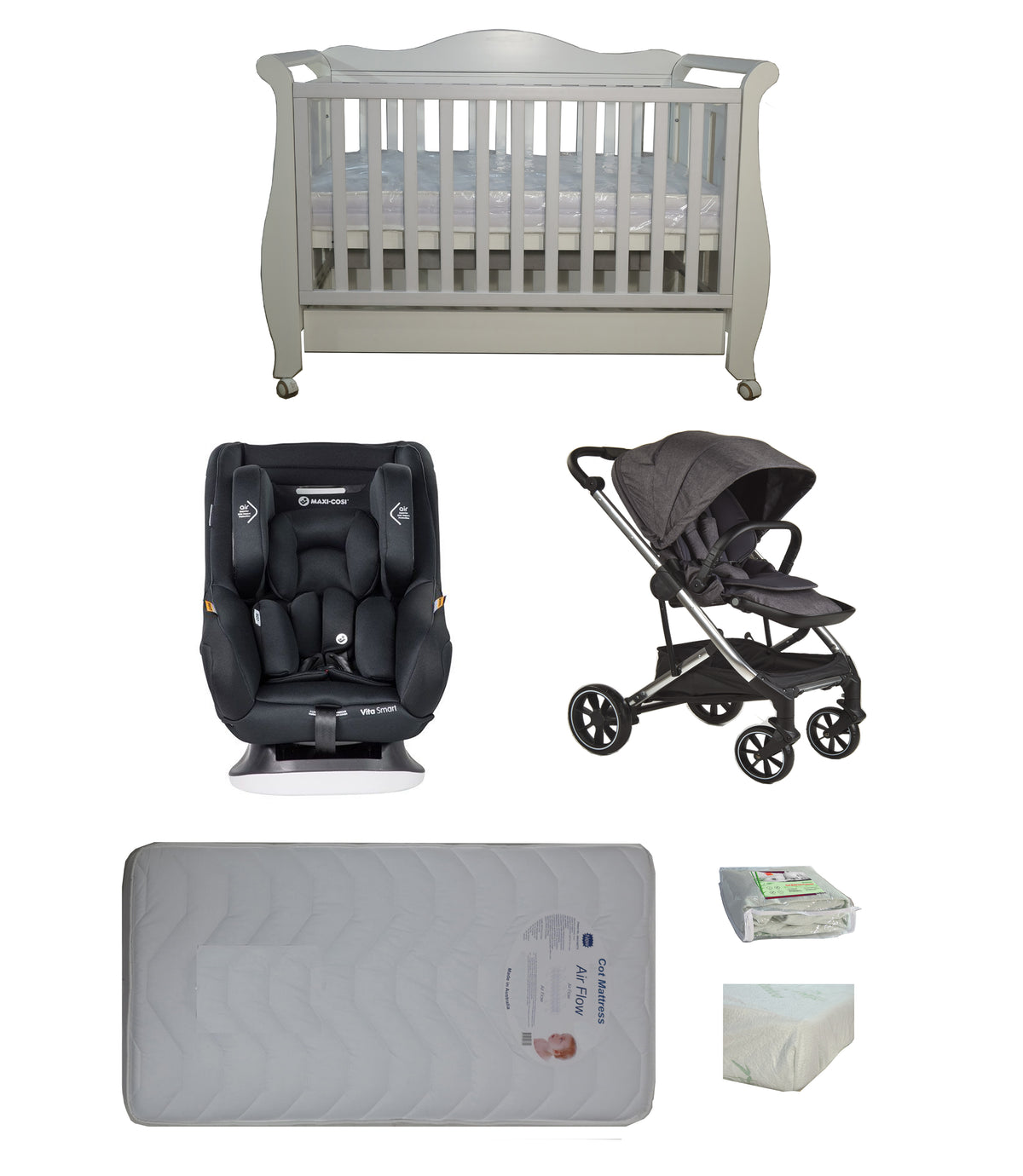 Babyworth Imperial Sleigh Cot With Drawer+Maxi Cosi Vita Car Seat+Luxi Pram Package - Babyworth