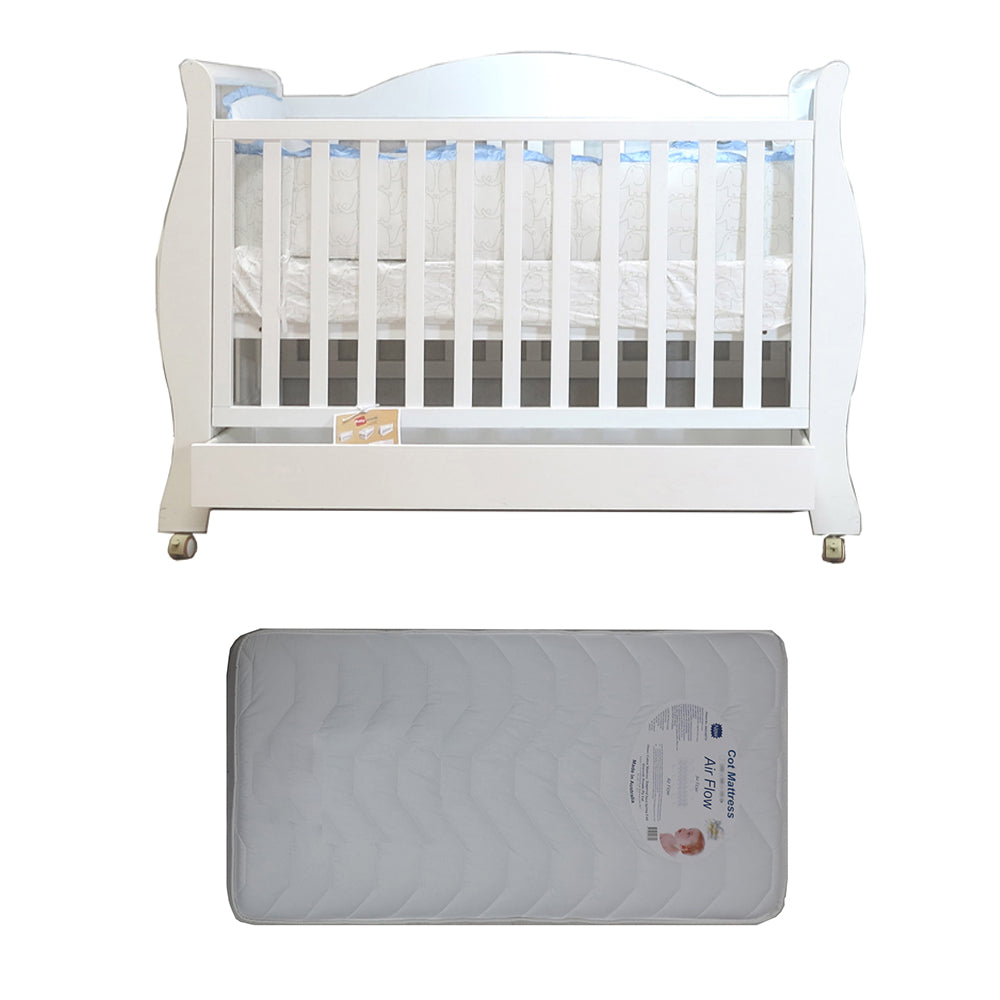 Babyworth Royal Sleigh Cot  with Drawer and Mattress - Babyworth