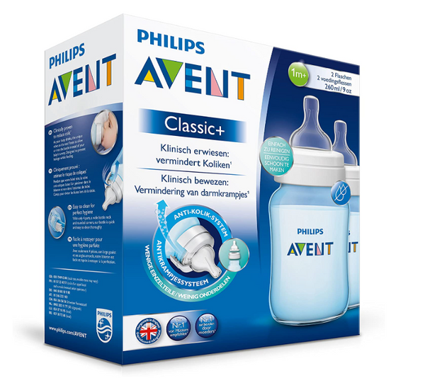 Philips Avent Classic+ Baby Bottle for 1m+ Babies with Slow Flow Teat, BPA Free, 260ml, 2 Bottles, SCF565/27 - Babyworth