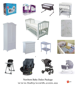 Babyworth Cot+Mother's Choice Car Seat+Luxi Baby Pram+Childcare Bath Centre+Avent Bottle+Angelcare  Monitor+Chicco Highchair+Tiny Love Rocker+Babyworth Cosy Sleeper+Mattress+Change Table+Chest+Robe+Bedding Package - Babyworth