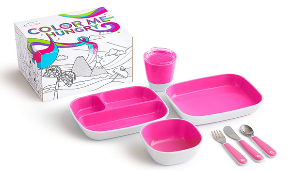 Munchkin Color Me Hungry Splash 7pc Toddler Dining Set – Plate, Bowl, Cup, and Utensils Gift Box - Babyworth